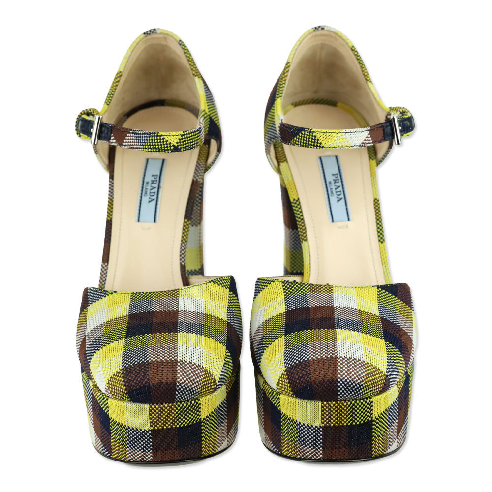 Prada S/S 2017 Yellow/Brown Plaid Ankle-Strap Platform Pumps
