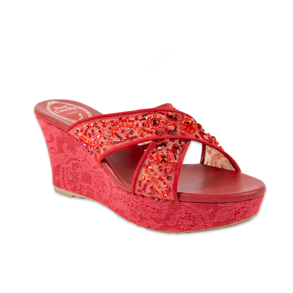 Rene Caovilla Red Beaded Lace Sandals