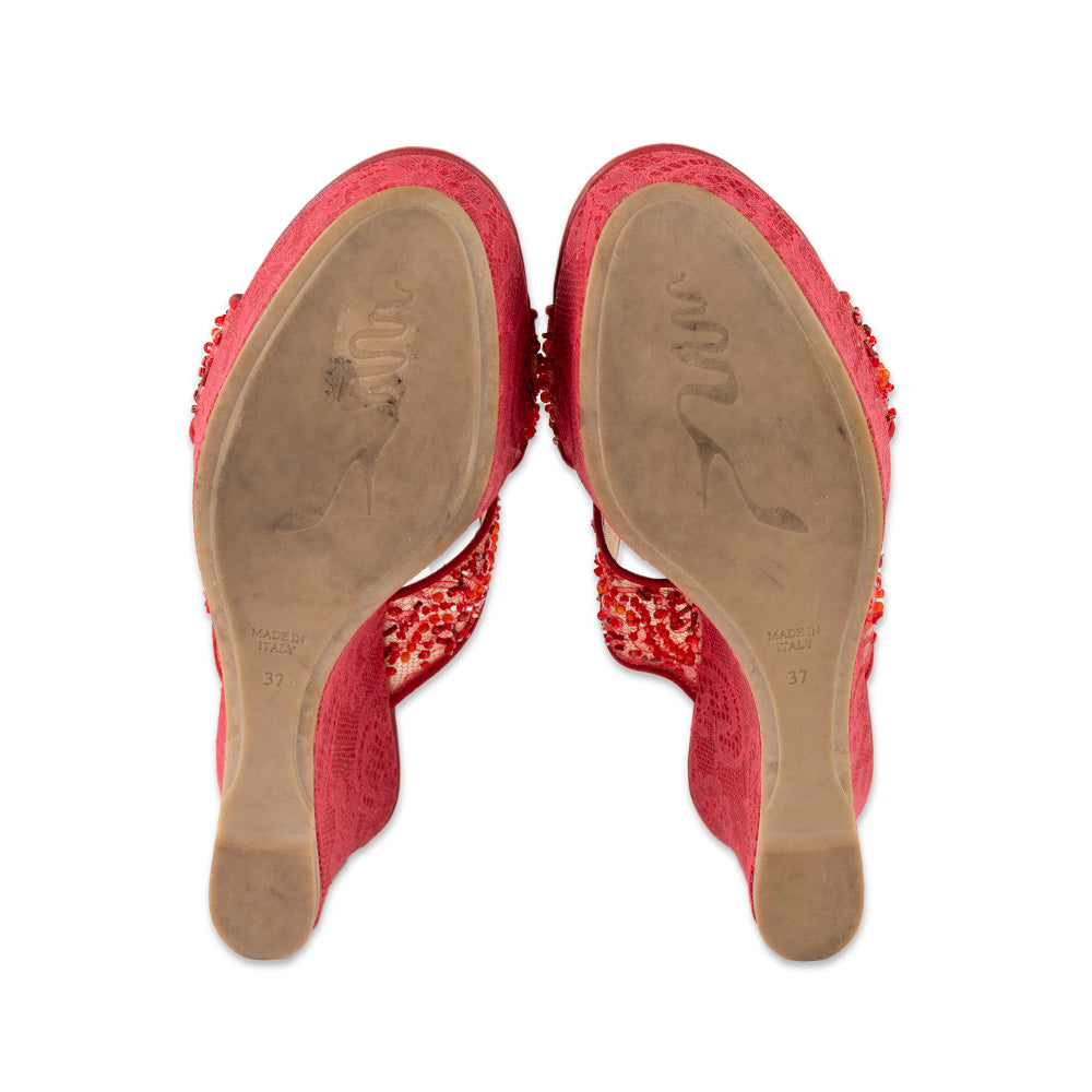 Rene Caovilla Red Beaded Lace Sandals