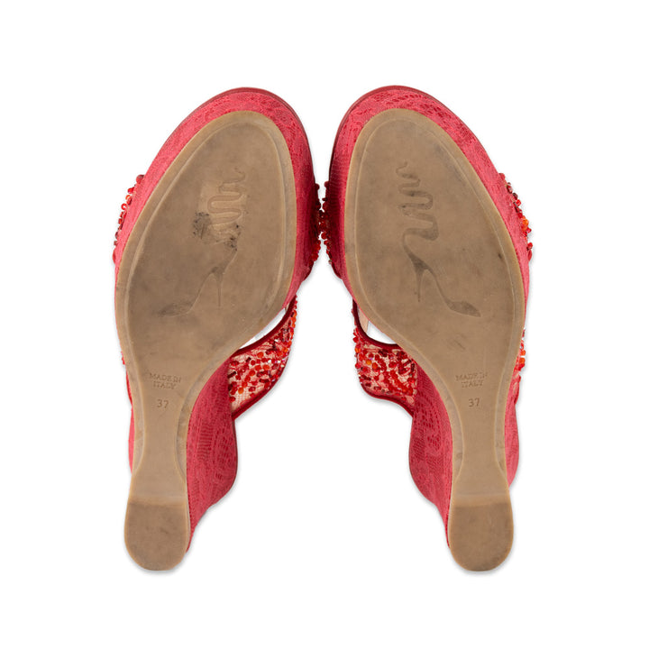 Rene Caovilla Red Beaded Lace Sandals