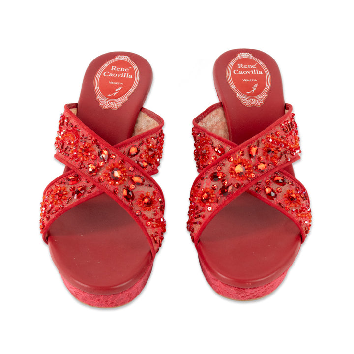 Rene Caovilla Red Beaded Lace Sandals