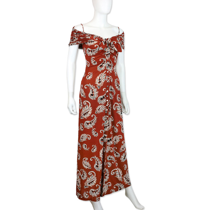 Rabanne Brown Paisley Print Stretch-jersey Cold-Shoulder Knotted Maxi Dress