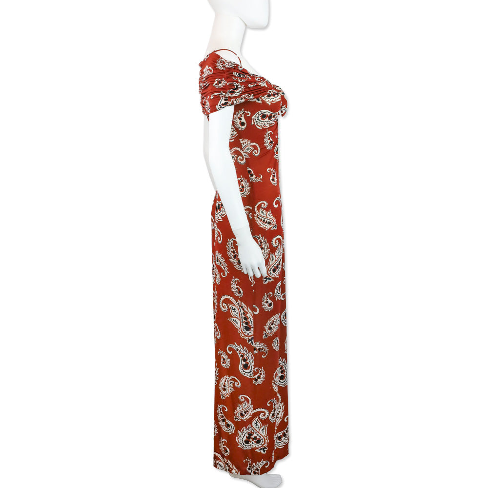 Rabanne Brown Paisley Print Stretch-jersey Cold-Shoulder Knotted Maxi Dress