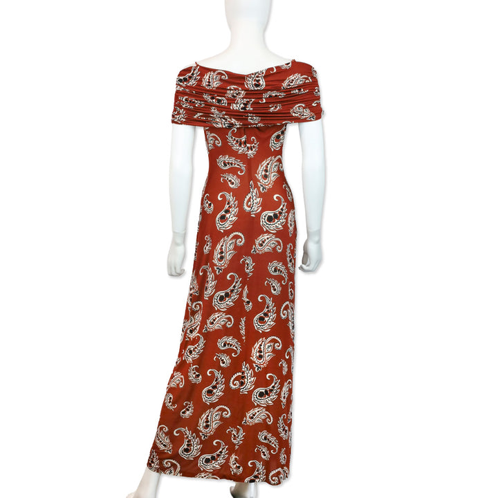 Rabanne Brown Paisley Print Stretch-jersey Cold-Shoulder Knotted Maxi Dress