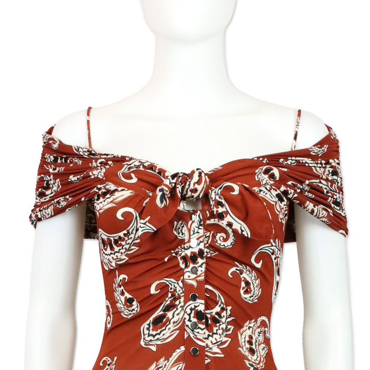 Rabanne Brown Paisley Print Stretch-jersey Cold-Shoulder Knotted Maxi Dress