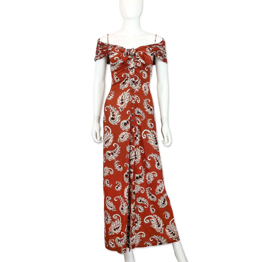 Rabanne Brown Paisley Print Stretch-jersey Cold-Shoulder Knotted Maxi Dress