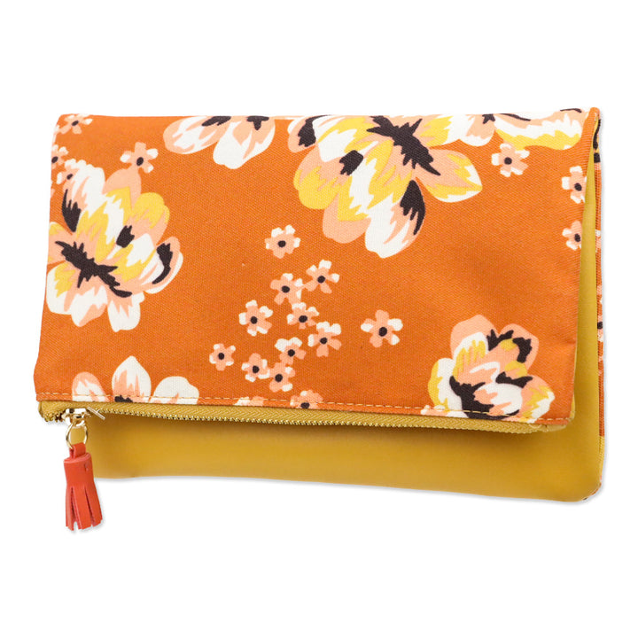 Rachel Pally Orange/Yellow Canvas Leather Floral Print Clutch
