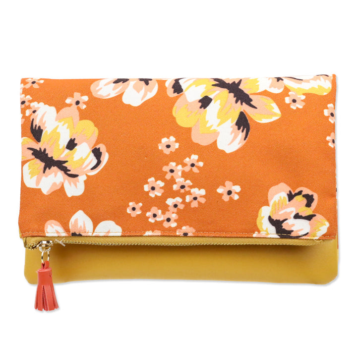 Rachel Pally Orange/Yellow Canvas Leather Floral Print Clutch