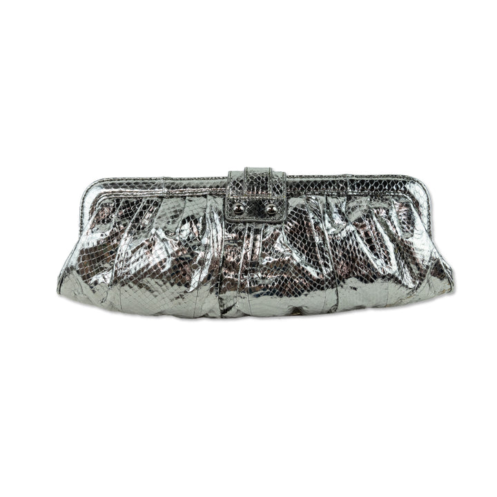 Rafe New York Metallic Silver Snakeskin Pleated Clutch