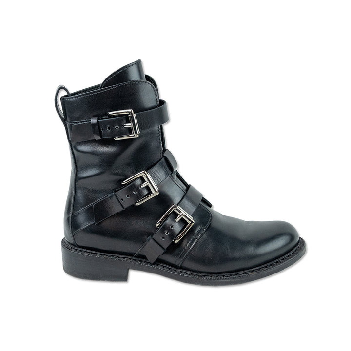 Rag & Bone Black Leather Silver Buckle Biker Boots