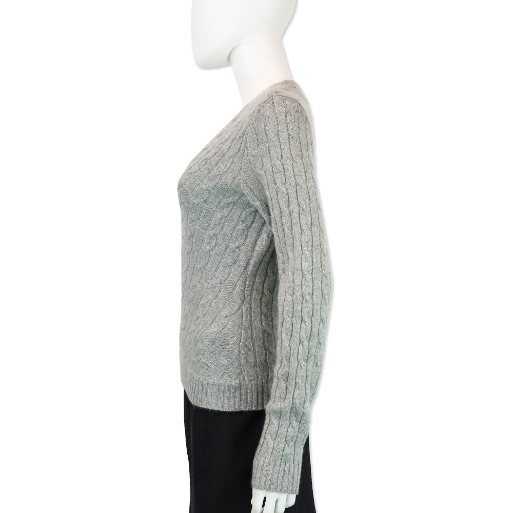 Ralph Lauren Balck Label Grey Cashmere Cable Knit V-Neck Sweater