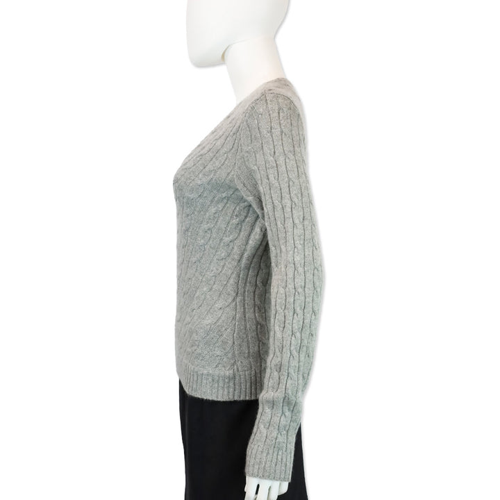 Ralph Lauren Balck Label Grey Cashmere Cable Knit V-Neck Sweater