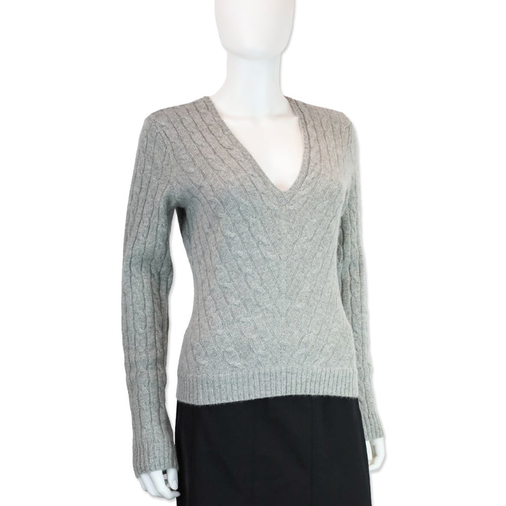 Ralph Lauren Balck Label Grey Cashmere Cable Knit V-Neck Sweater