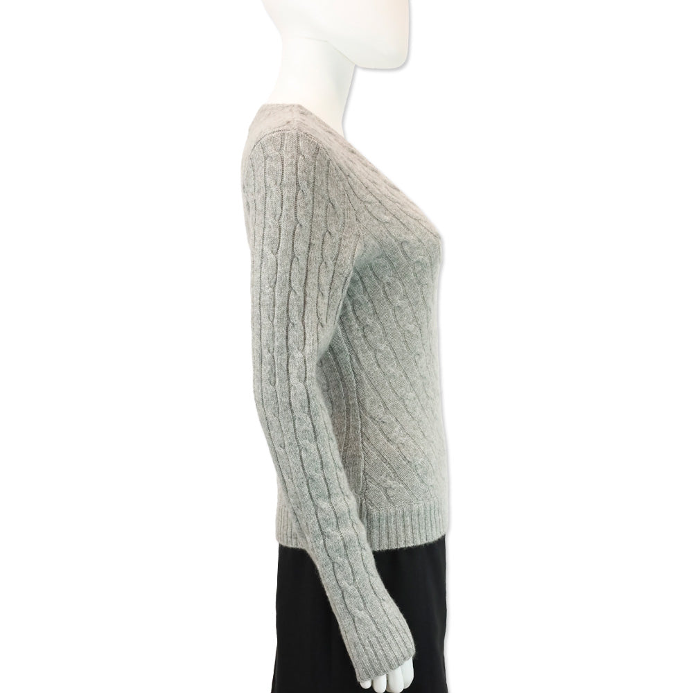 Ralph Lauren Balck Label Grey Cashmere Cable Knit V-Neck Sweater