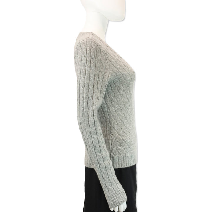 Ralph Lauren Balck Label Grey Cashmere Cable Knit V-Neck Sweater