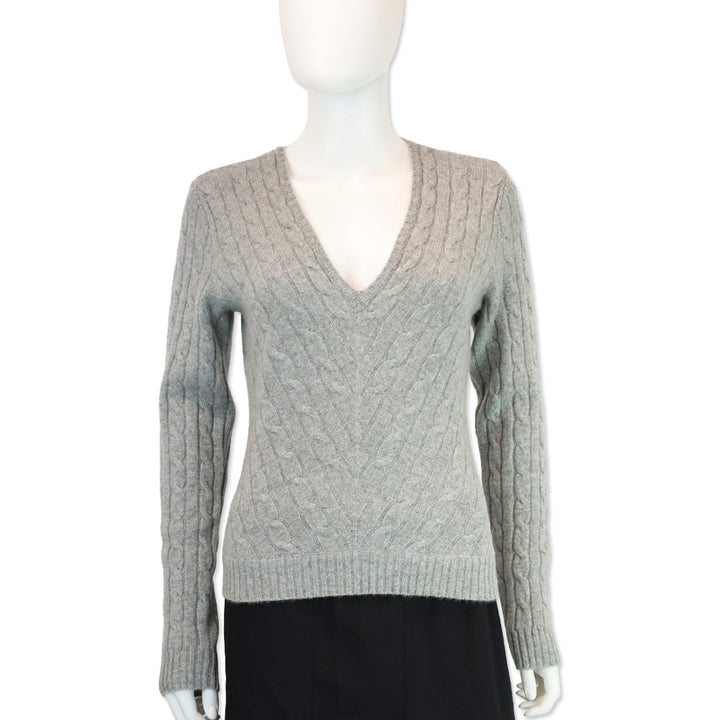Ralph Lauren Balck Label Grey Cashmere Cable Knit V-Neck Sweater