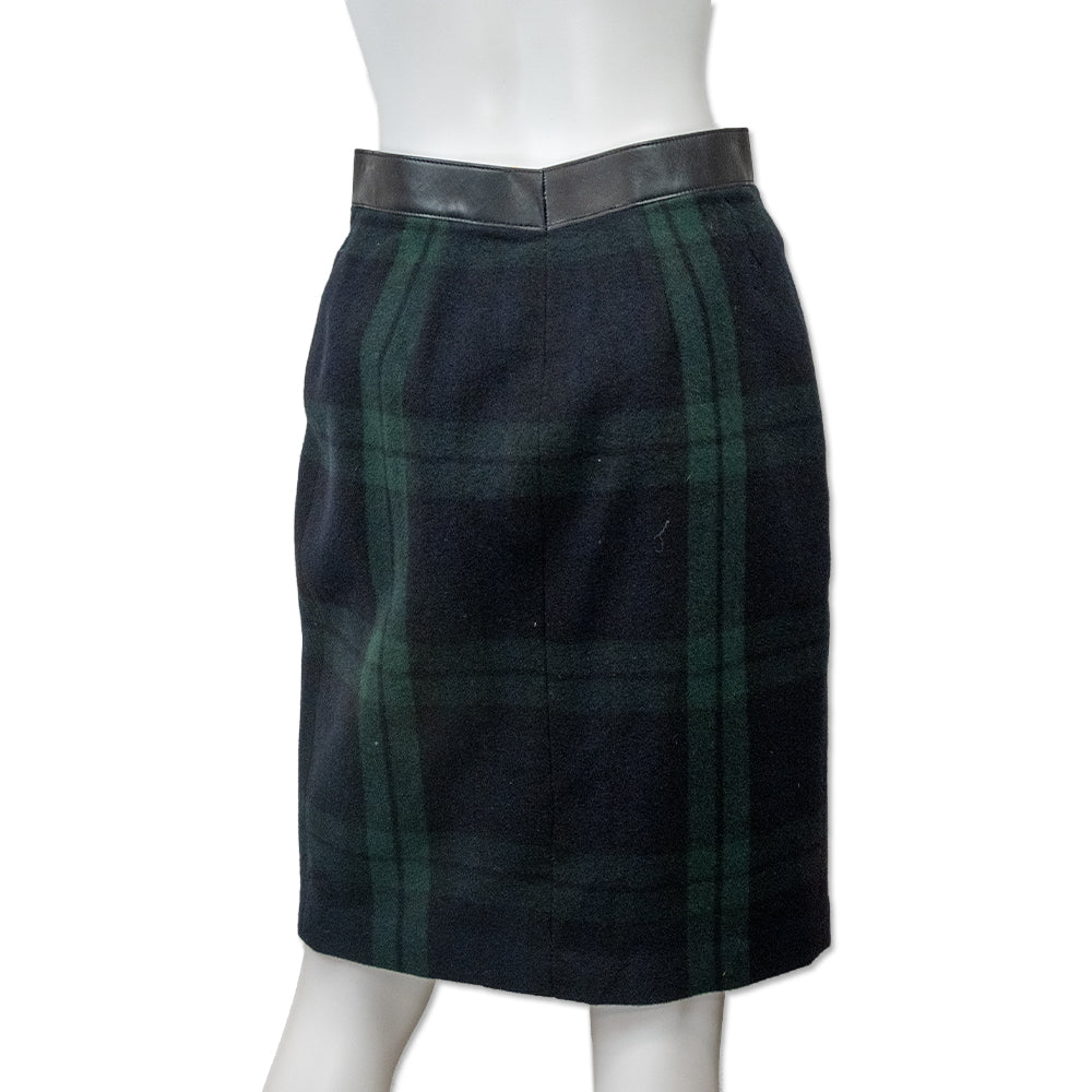 Ralph Lauren Black Label Black Watch Wool/Cashmere Tartan Leather Trim Skirt