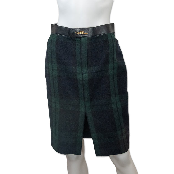 Ralph Lauren Black Label Black Watch Wool/Cashmere Tartan Leather Trim Skirt