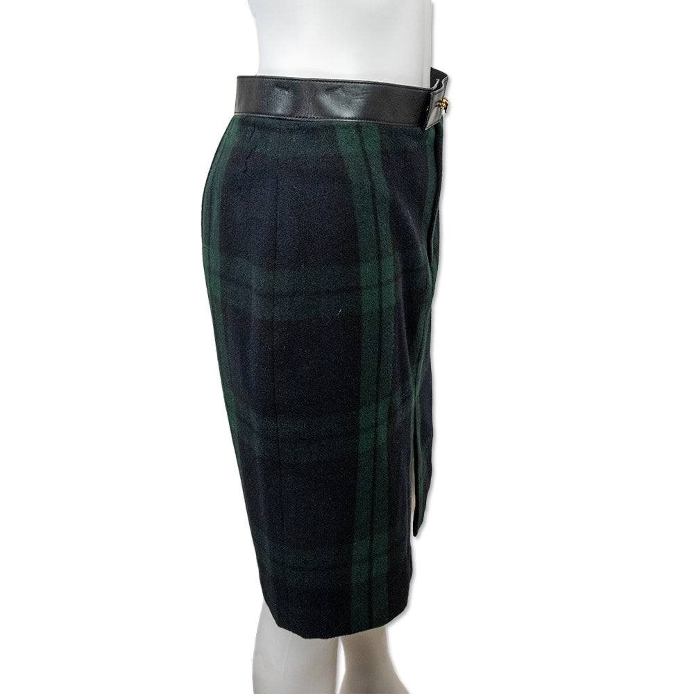 Ralph Lauren Black Label Black Watch Wool/Cashmere Tartan Leather Trim Skirt