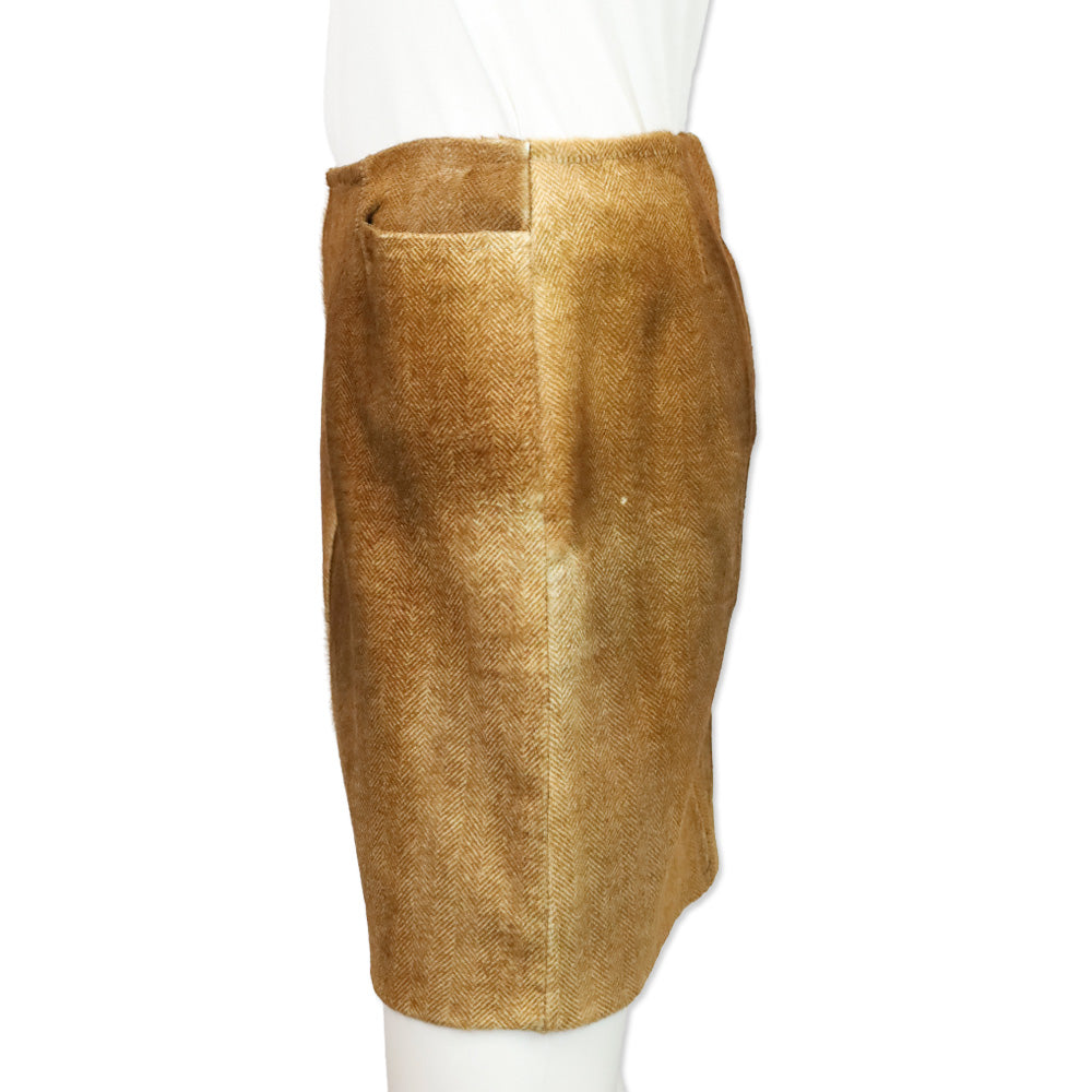 Ralph Lauren Black Label Brown Herringbone Calf Hair Midi Skirt