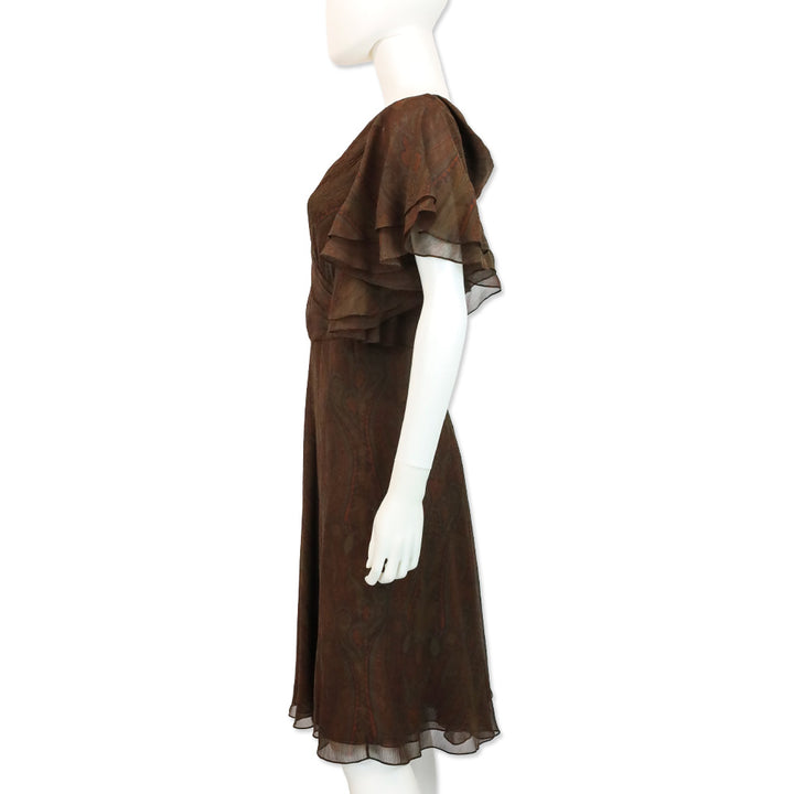 Ralph Lauren Black Label Brown Paisley Silk Chiffon V-Neck Flutter Sleeve Midi Dress