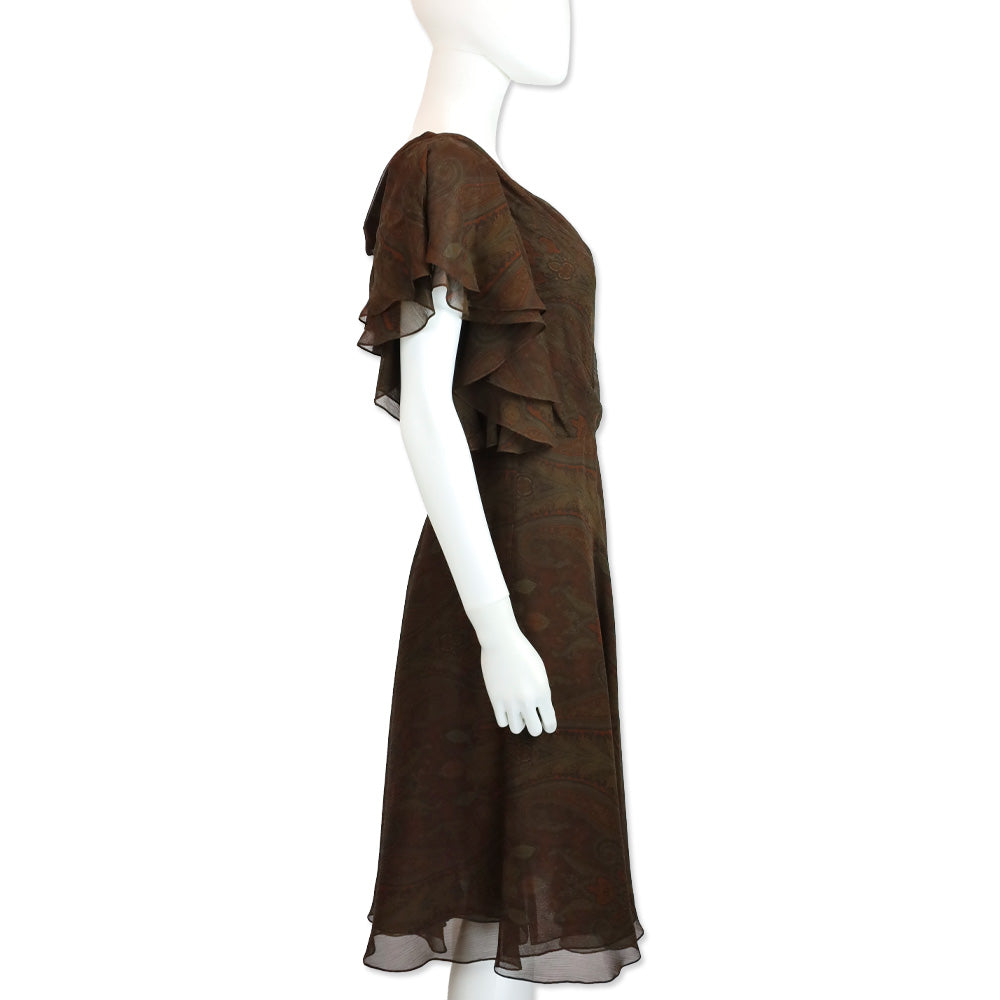 Ralph Lauren Black Label Brown Paisley Silk Chiffon V-Neck Flutter Sleeve Midi Dress