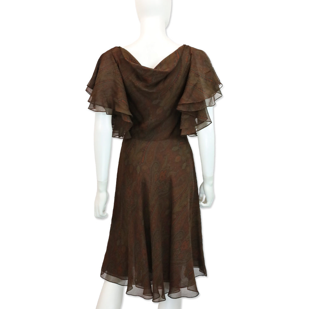 Ralph Lauren Black Label Brown Paisley Silk Chiffon V-Neck Flutter Sleeve Midi Dress