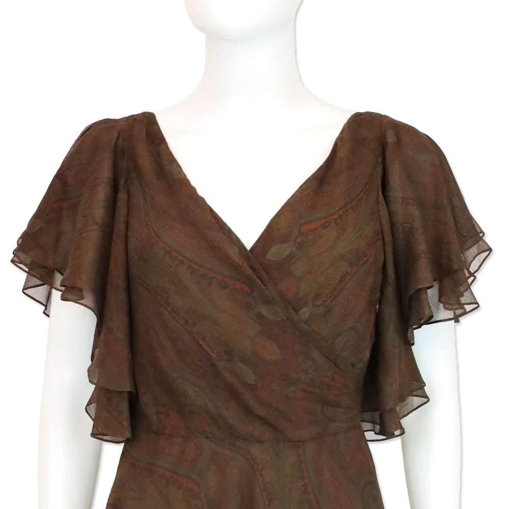 Ralph Lauren Black Label Brown Paisley Silk Chiffon V-Neck Flutter Sleeve Midi Dress