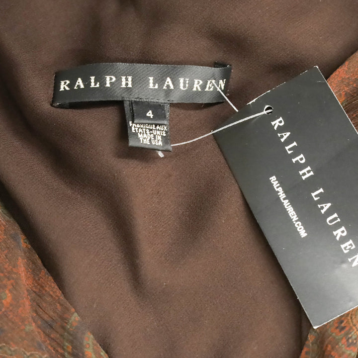 Ralph Lauren Black Label Brown Paisley Silk Chiffon V-Neck Flutter Sleeve Midi Dress