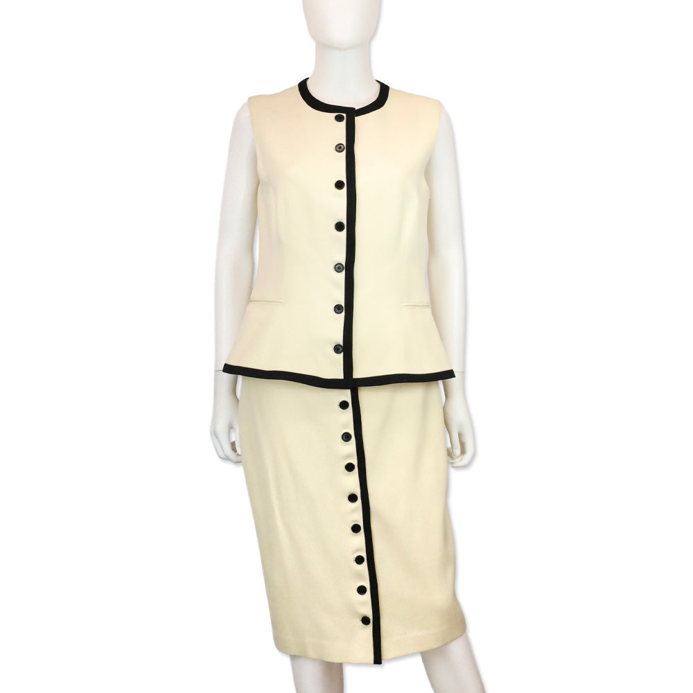 Ralph Lauren Black Label Cream/Black Trim Wool Button Front Midi Skirt