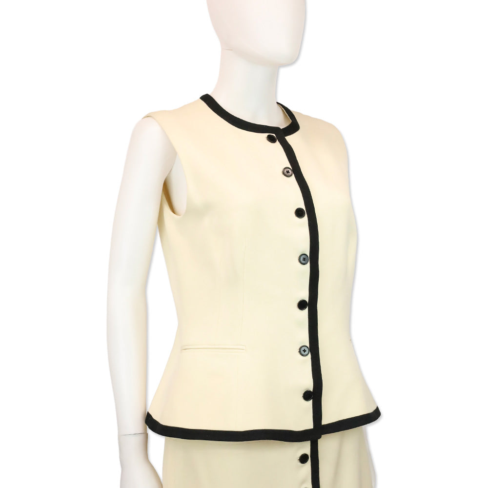 Ralph Lauren Black Label Cream/Black Trim Wool Button Up Sleeveless Top