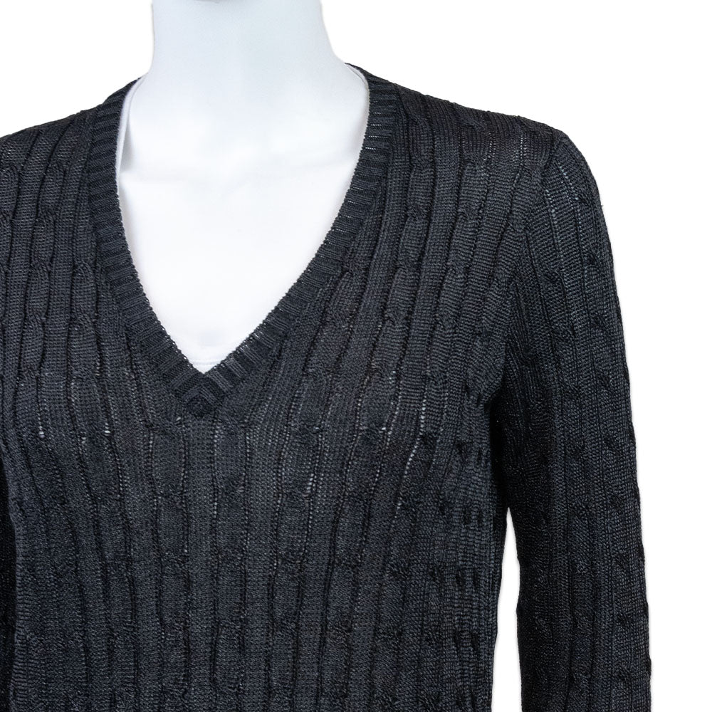 Ralph Lauren Black Label Metallic Black Cable-Knit V-Neck Sweater