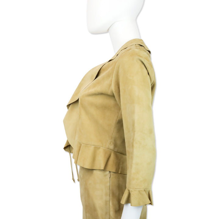 Ralph Lauren Black Label Tan Suede Ruffle Cropped Jacket