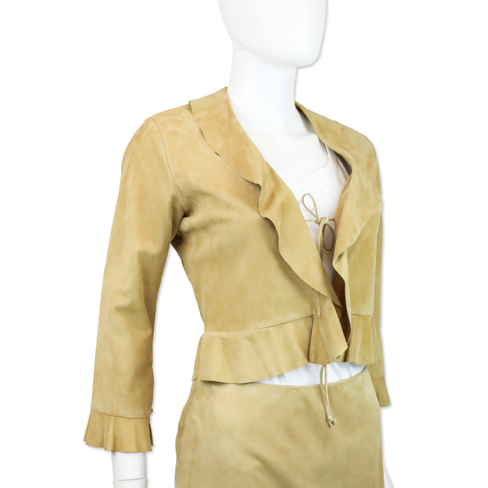 Ralph Lauren Black Label Tan Suede Ruffle Cropped Jacket