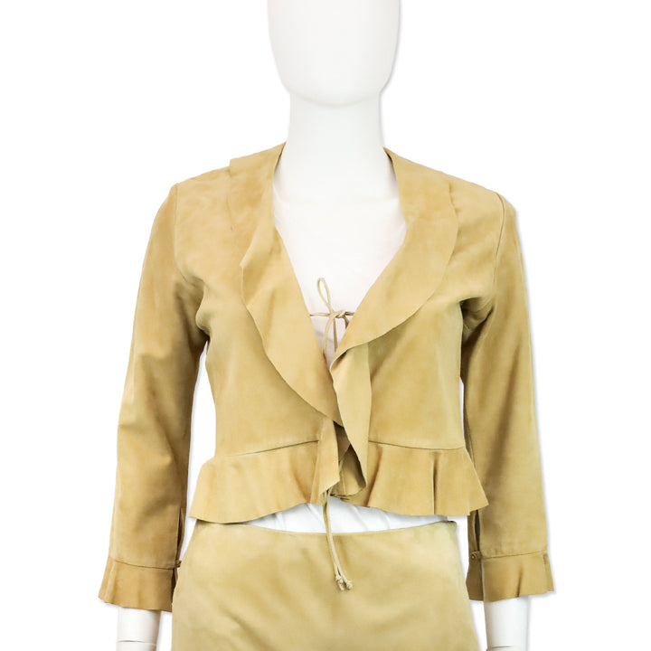 Ralph Lauren Black Label Tan Suede Ruffle Hem Midi Skirt