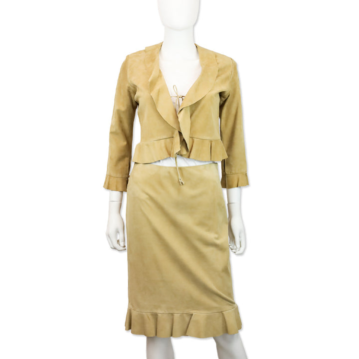 Ralph Lauren Black Label Tan Suede Ruffle Cropped Jacket