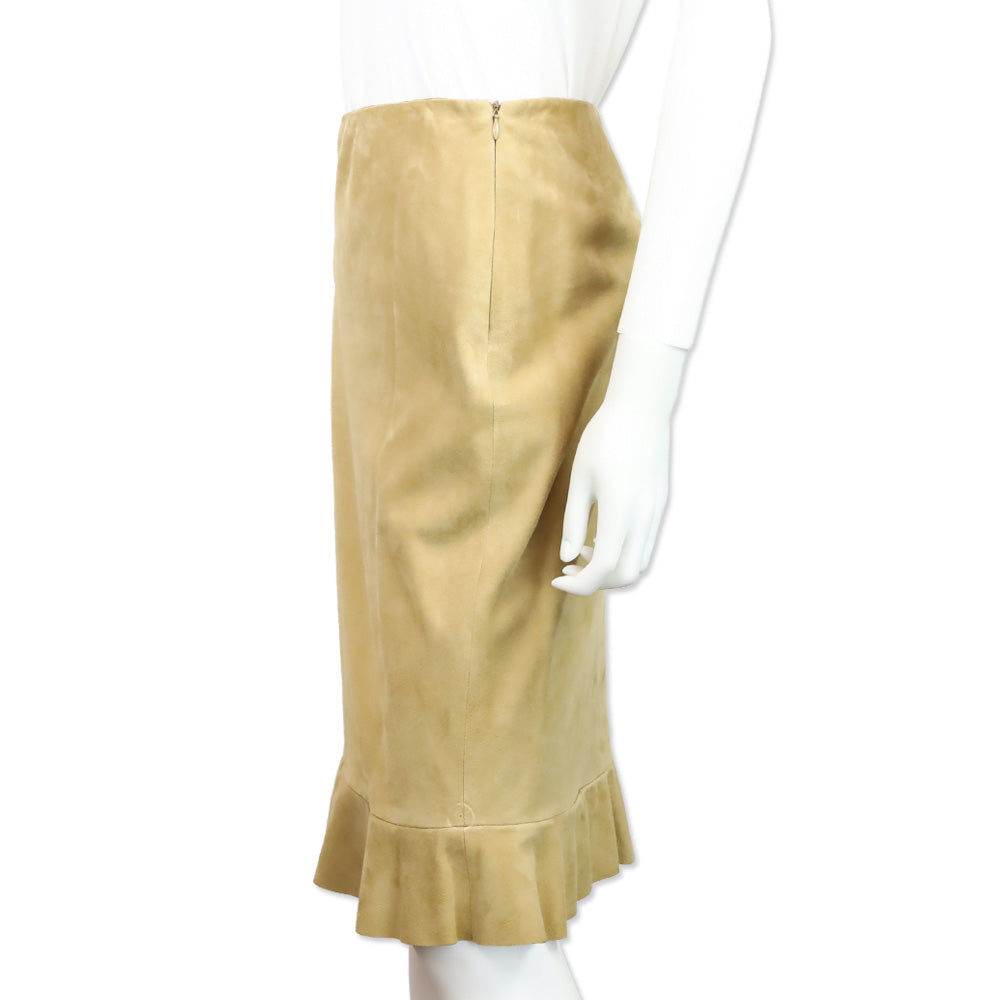 Ralph Lauren Black Label Tan Suede Ruffle Hem Midi Skirt