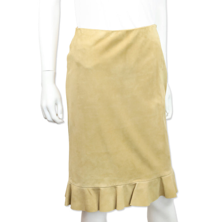 Ralph Lauren Black Label Tan Suede Ruffle Hem Midi Skirt