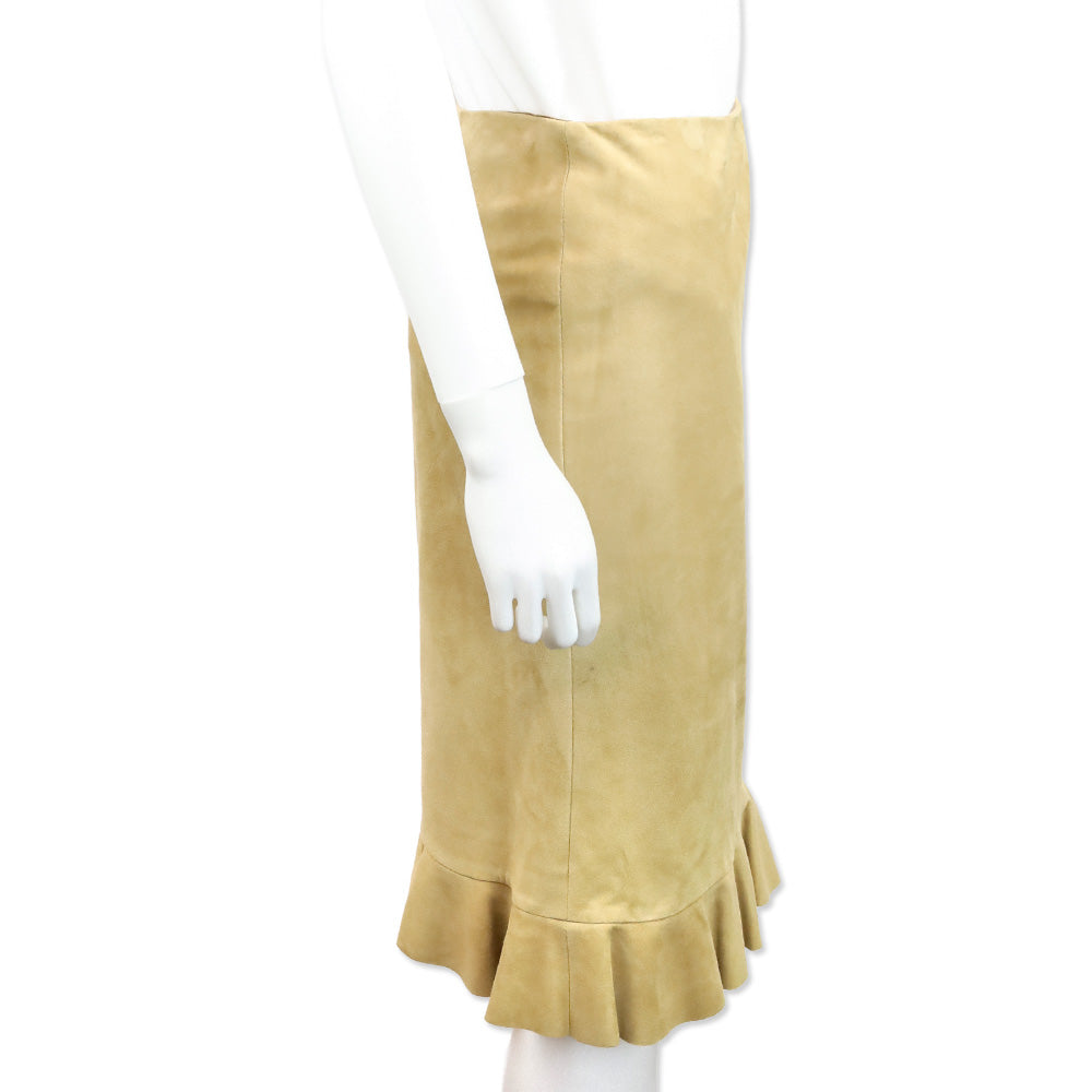 Ralph Lauren Black Label Tan Suede Ruffle Hem Midi Skirt