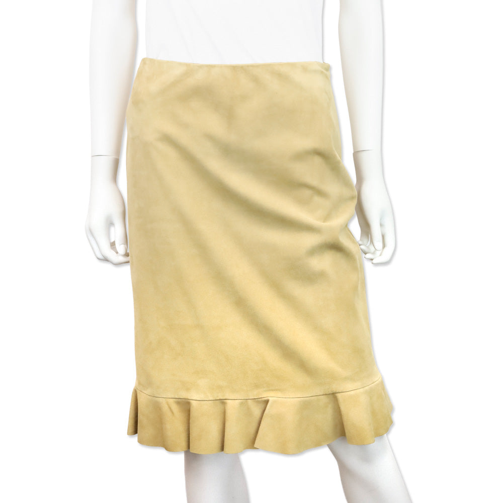 Ralph Lauren Black Label Tan Suede Ruffle Hem Midi Skirt