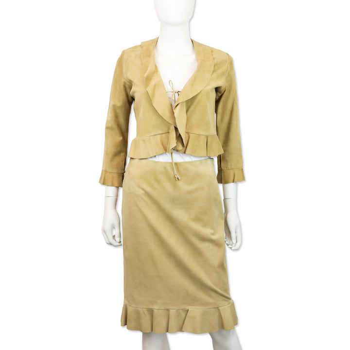 Ralph Lauren Black Label Tan Suede Ruffle Hem Midi Skirt