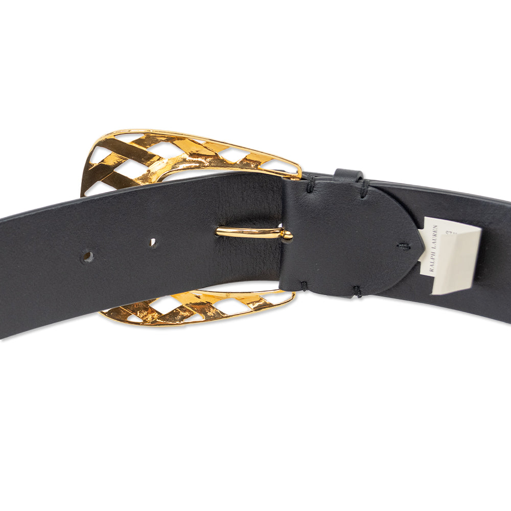 Ralph Lauren Black Leather Woven Gold Buckle Belt