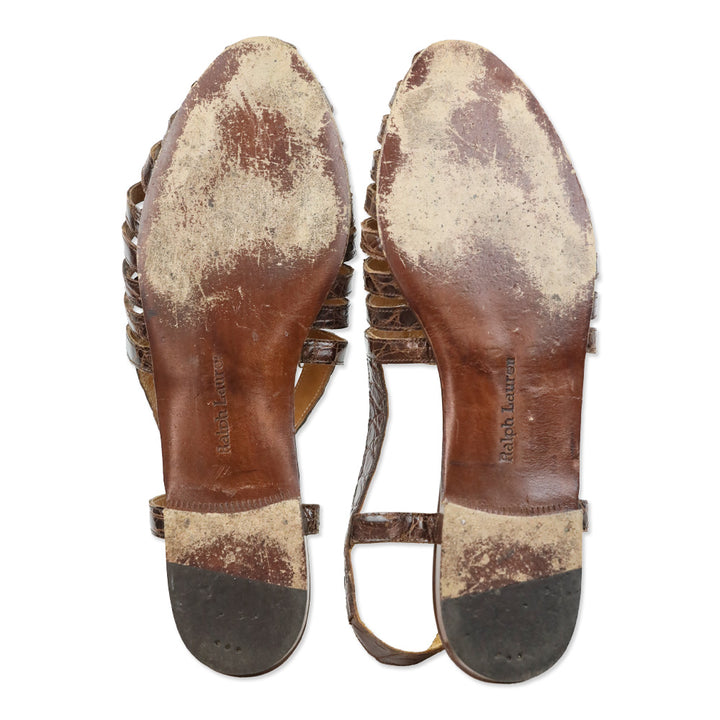 Ralph Lauren Brown Croc Leather Slingback Huarache Sandal