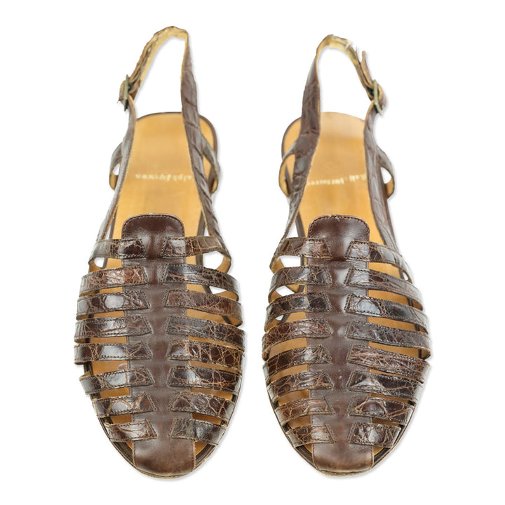 Ralph Lauren Brown Croc Leather Slingback Huarache Sandal