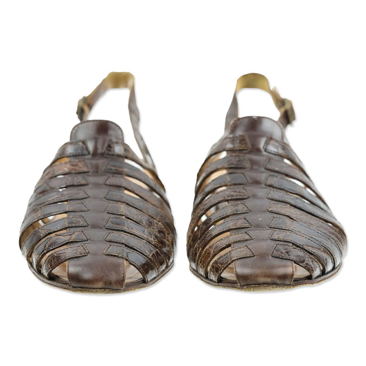 Ralph Lauren Brown Croc Leather Slingback Huarache Sandal