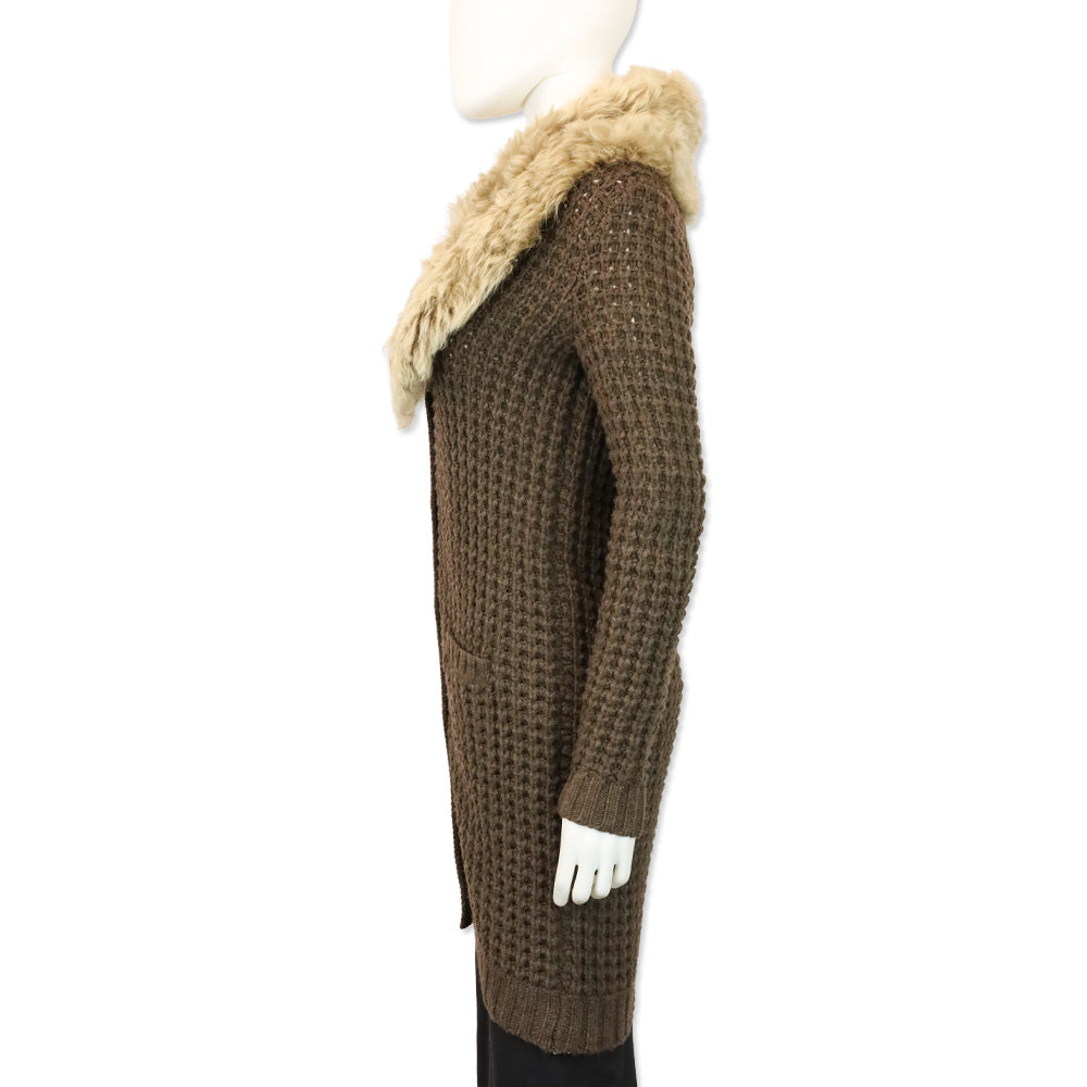 Ralph Lauren Brown Wool/Cashmere Waffle Knit Shearling Collar Long Cardigan
