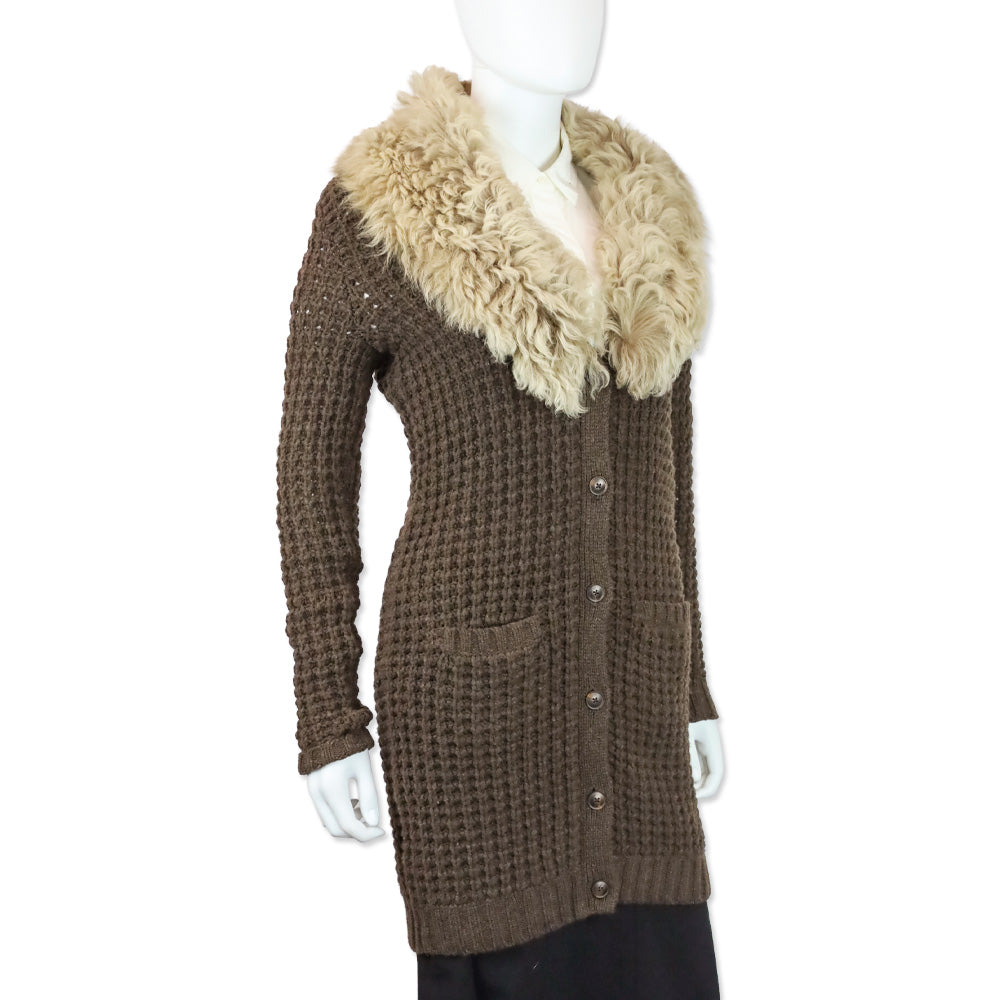 Ralph Lauren Brown Wool/Cashmere Waffle Knit Shearling Collar Long Cardigan