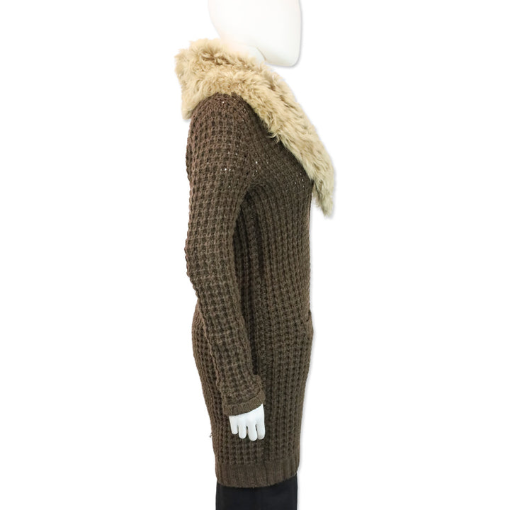 Ralph Lauren Brown Wool/Cashmere Waffle Knit Shearling Collar Long Cardigan
