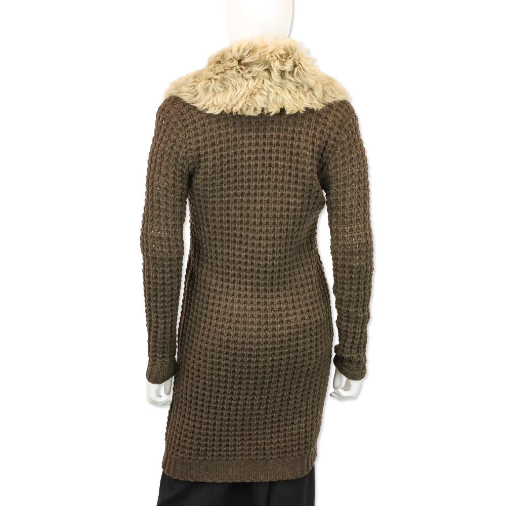 Ralph Lauren Brown Wool/Cashmere Waffle Knit Shearling Collar Long Cardigan