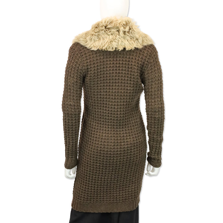 Ralph Lauren Brown Wool/Cashmere Waffle Knit Shearling Collar Long Cardigan